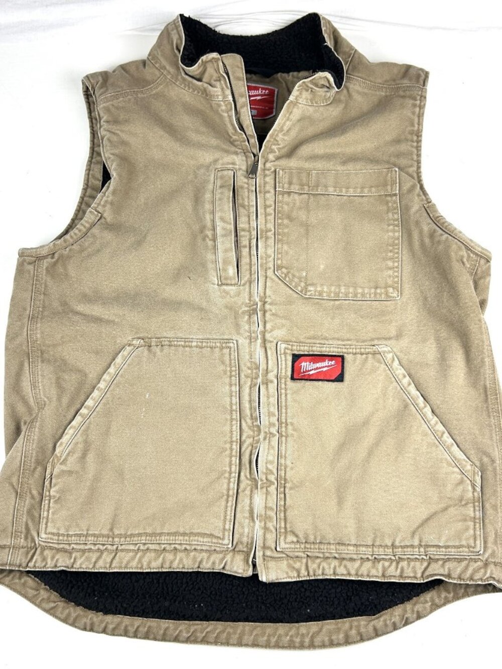 Milwaukee Canvas Work Vest Mens Large Tan Sherpa Fleece Lined Zip Front